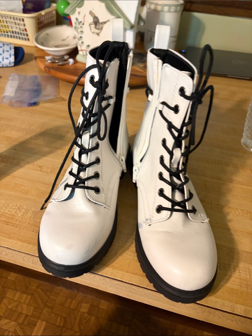 White Lace-Up Combat Boots with Black Laces